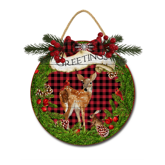 Front Door Porch Decorations Greetings Deer Door Hanging Sign 12 inch Wooden Wall Sign, Rustic Holiday Wreath Decor for Front Door Porch Home Window Wall Farmhouse Decorations