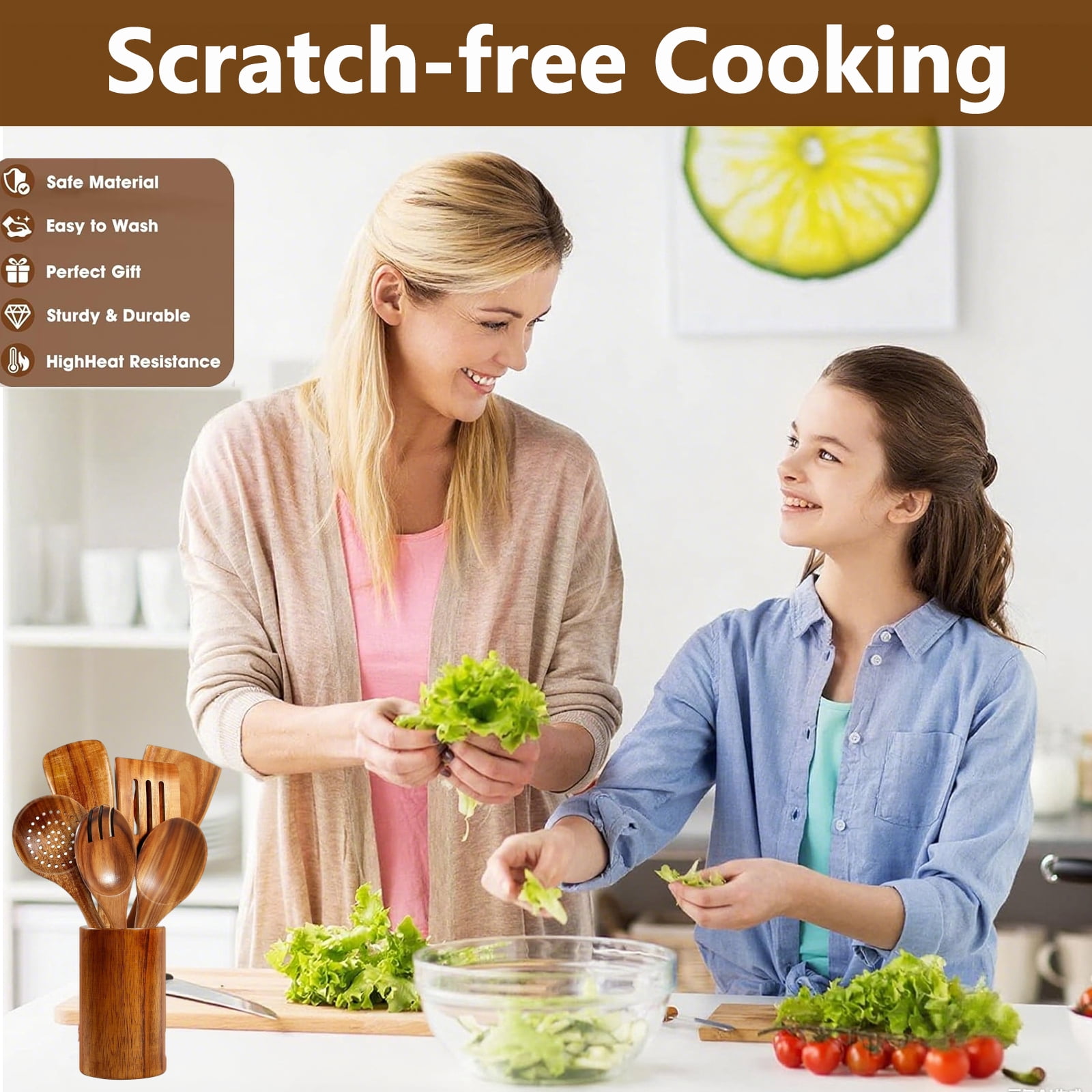 Kisportee Wooden Spoons for Cooking, 8 Pcs Natural Teak Wooden Utensils Set, Non-Stick & Heat Resistant Durable Wood Kitchen Utensil Set
