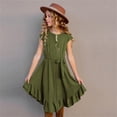 thumbnail image 4 of XASZHN Robe Vintage pour Petites Filles, Unie, Manches Courtes, Volants, Évasée, Rétro Rockabilly, Robes de Fête, Vêtements, Vert Armée, 9-10 Ans, 4 of 8