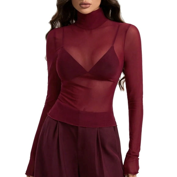 Women's Long Sleeve Bodysuit, Mock Neck Mesh Top Slim Fit, Comfortable Basic Turtleneck Shirt for Women