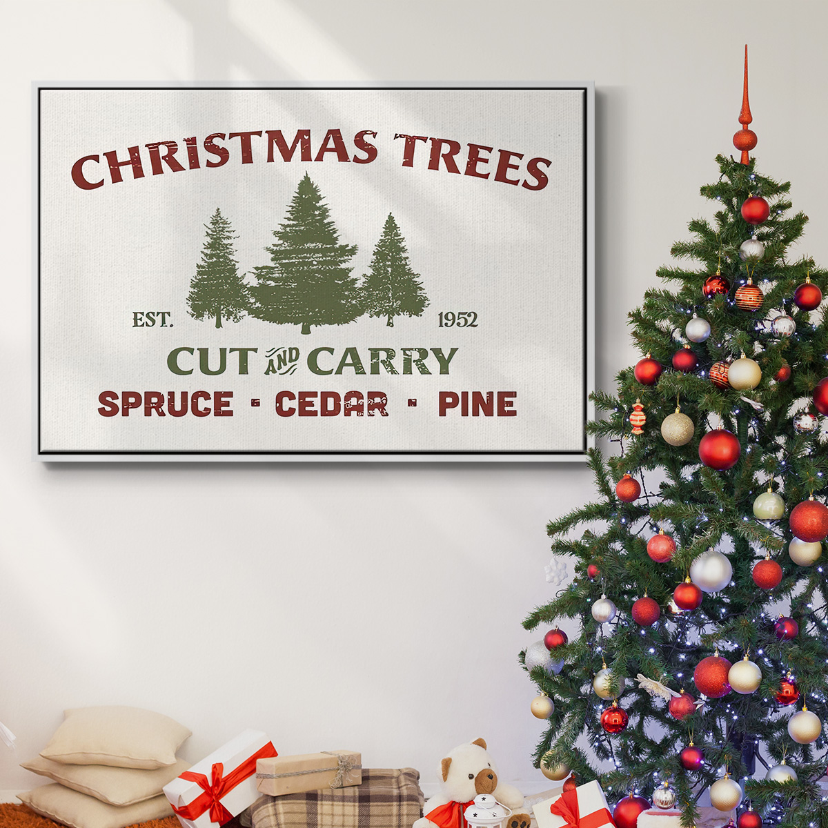 Christmas Farm Sign I - Framed Gallery Wrapped Holiday Canvas - 27 x 41 - White Frame