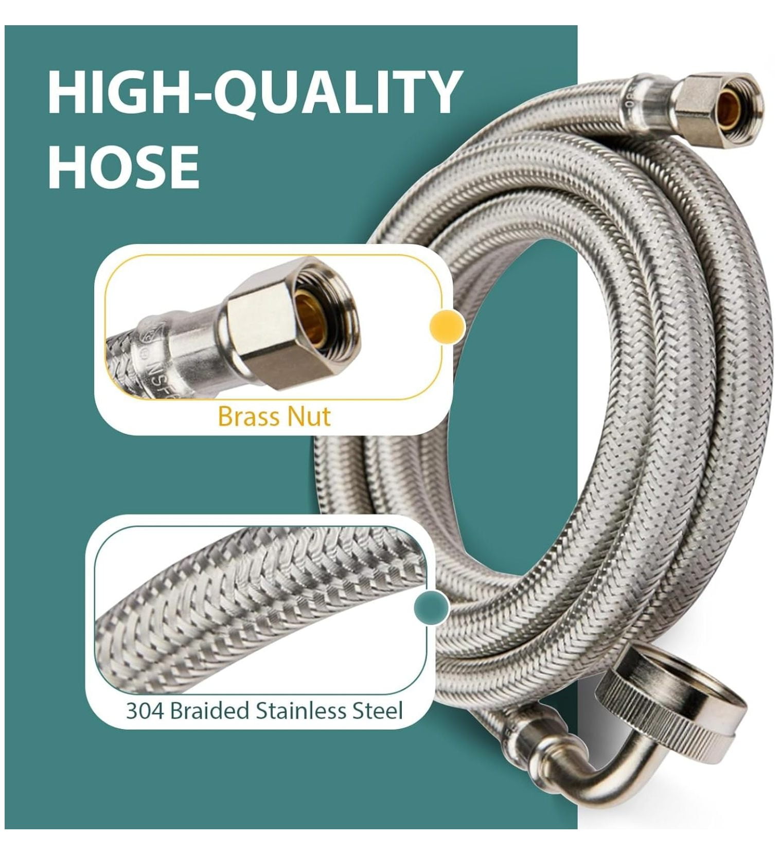 5-PACK 4 FT Stainless Steel Dishwasher Hose with 90 Degree FGH Elbow, 3/8" Comp x 3/4” FHT Water Supply Line