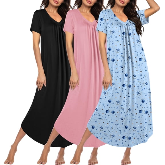 Oudiya 3 Pack Long Nightgowns for Women House Dress Short Sleeve Plus Size V Neck Nightshirt, M-5XL