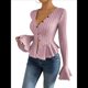thumbnail image 2 of Camiseta Elegante de Larga con Cuello en V para Mujer, Otoño e Invierno, con Volantes, Corte Entallado y Mangas Acampanadas Rosa XL, 2 of 9
