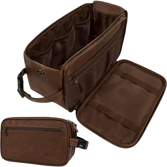Toiletry Bag for Men, Travel Essentials Shaving Dopp Kit, Mens Travel Bag Toiletries Organizer Case for Grooming, PU Leather Water Resistant Cosmetic Bag Pouch (XL, Dark Brown)