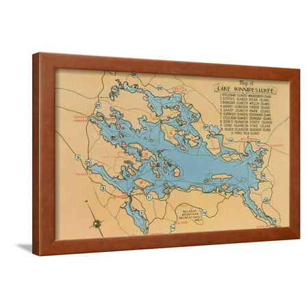 Map of Lake Winnipesaukee, New Hampshire Framed Print Wall (Best Time To Fish Lake Winnipesaukee)
