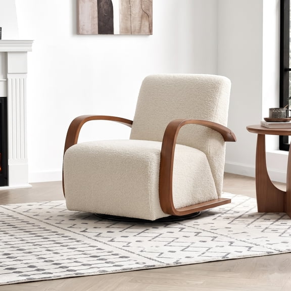 Teddy Fabric Upholstered Swivel Accent Chair – 360° Rotating Lounge Chair with Solid Wood Armrests for Living Room, Cream White