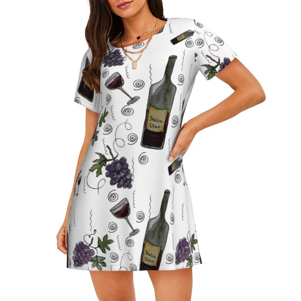 Easygdp Wine Bottles And Grapes Camisón de manga corta para mujer, informal, estampado