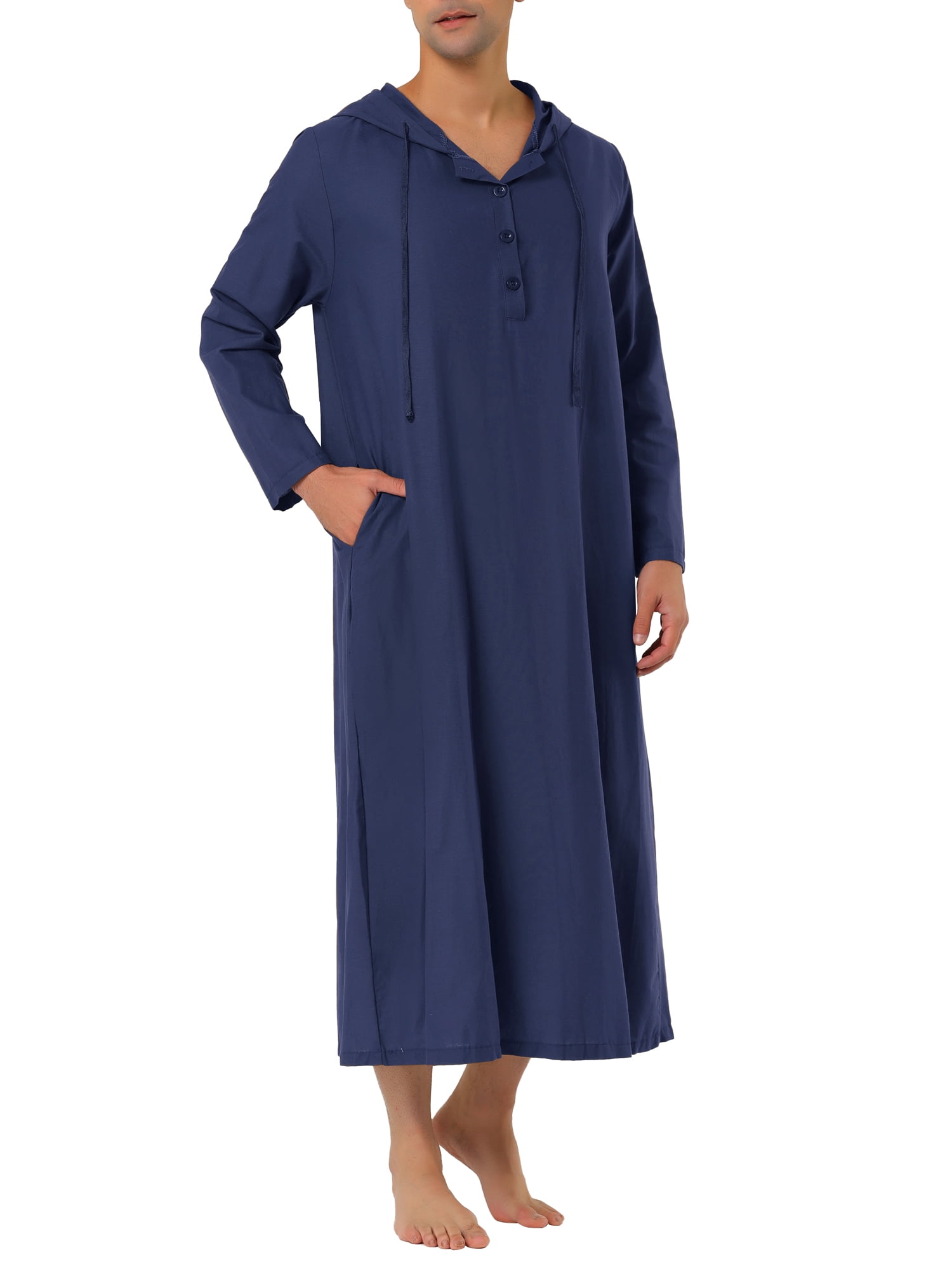 Unique Bargains Men's Nightshirt Long Sleeves Hooded Loungewear Nightgown Pajamas S Navy Blue