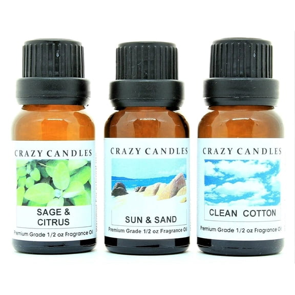 Crazy Candles 3 Bottles Set, 1 Sage and Citrus, 1 Clean Cotton, 1 Sun and Sand 12 fl oz Each 15ml Premium Grade Scented Fragranc