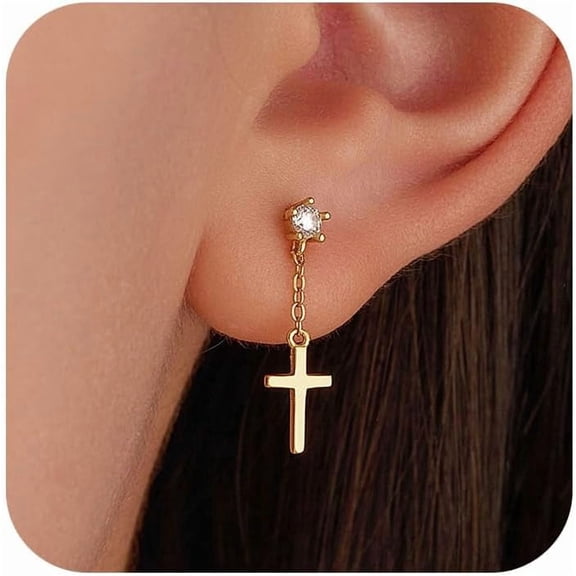 Silver Plated Cross Hoop Dangle Earrings for Women Mother 14K Gold Plated Dangle Cross Tassels Earrings Cubic Zirconia Cartilage Hypoallergenic Drop Christian Halloween Wedding Jewelry Gift