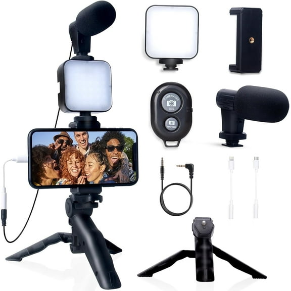 Vlogging Kit for iPhone, Android with Tripod, 36 LED Light, Vlogging Starter kit with Mini Microphone for Live Stream, Video Calls, Vlogging