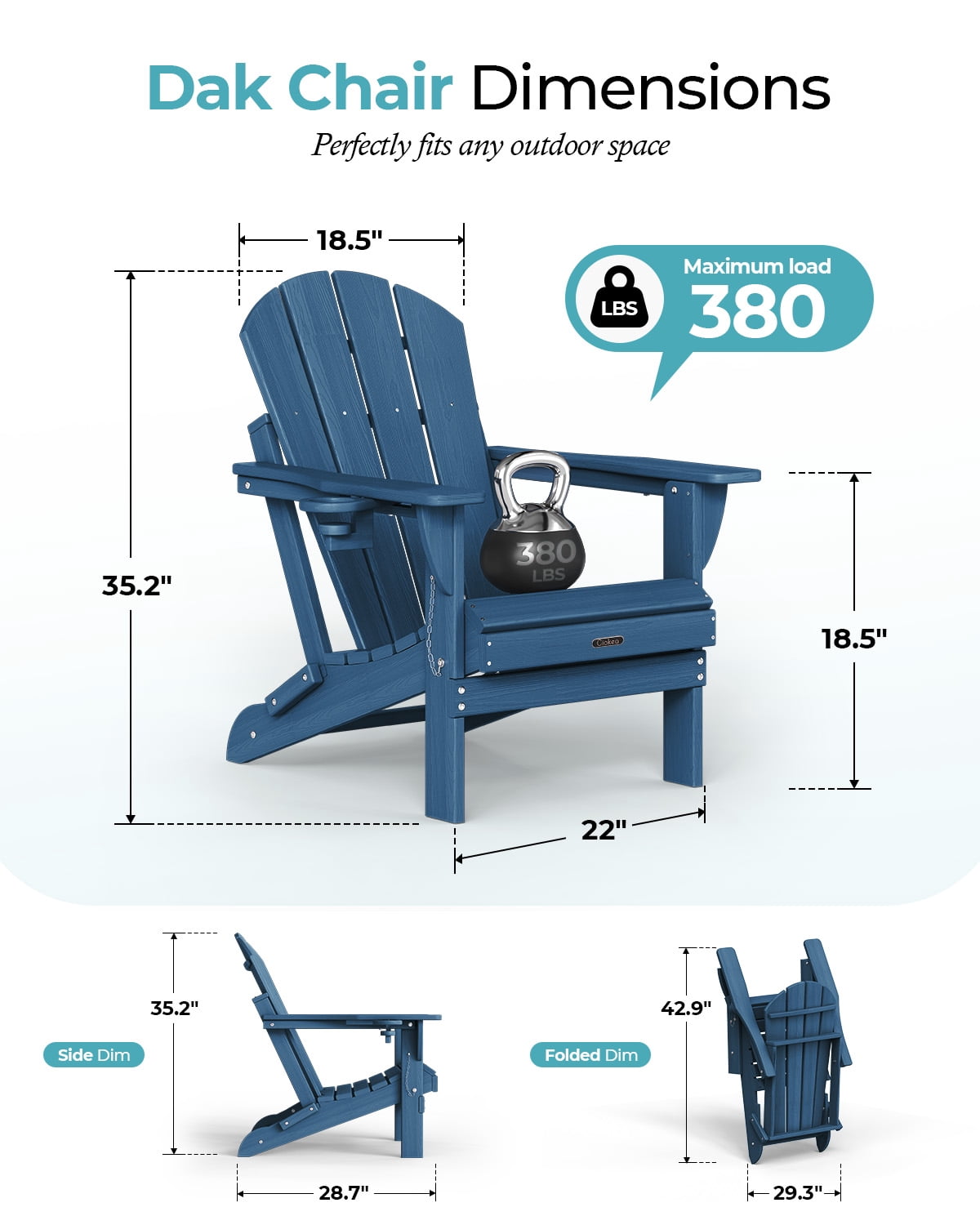 Folding Adirondack Chair, All-Weather HDPE Fire Pit Patio Chair, Navy