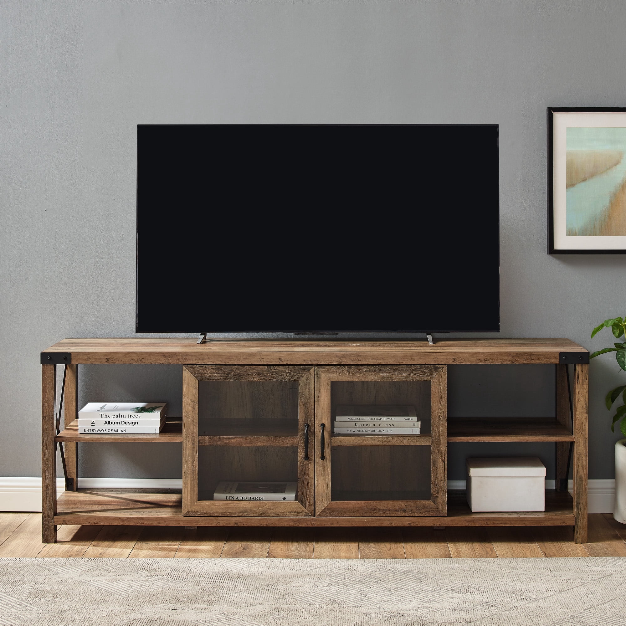 Walker Edison Farmhouse 2 Door Metal X TV Stand for TVs up to 80", Reclaimed Barnwood