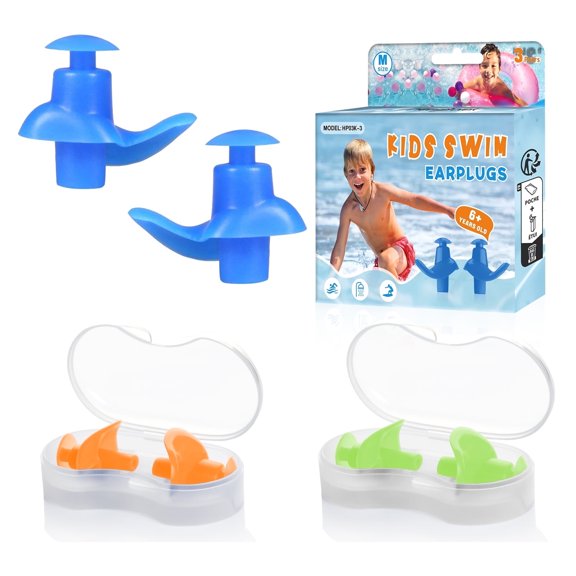Swimming Earplugs , 3 Pairs, Silicone Comfortable Earbuds with Storage Case for Adults, Children Prevent Swimmer`s Ear(Blue/Green/Orange-M)