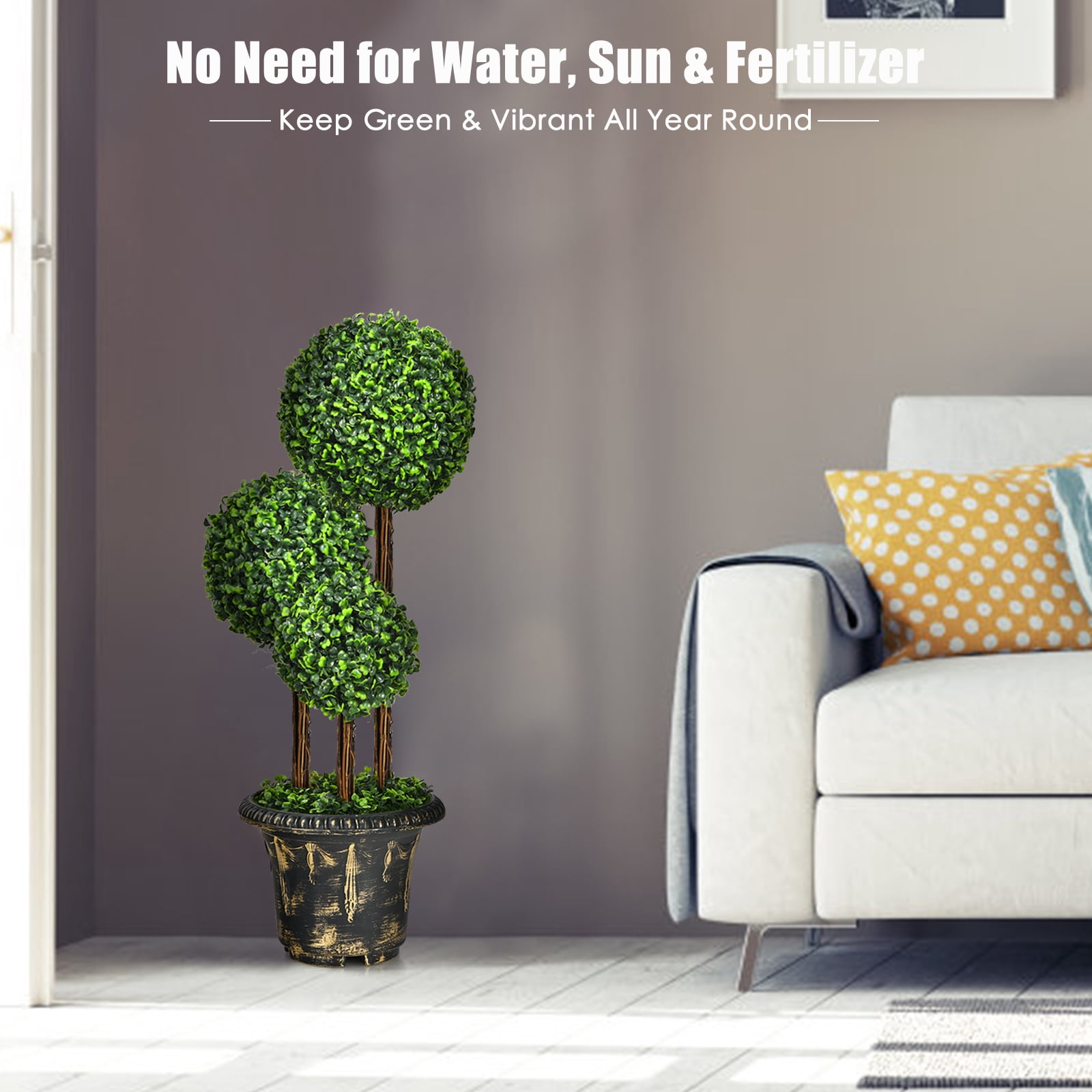 Topbuy 36” Artificial Topiary Three Ball Tree Decorative Trees Fake Greenery Plants Indoor&Outdoor