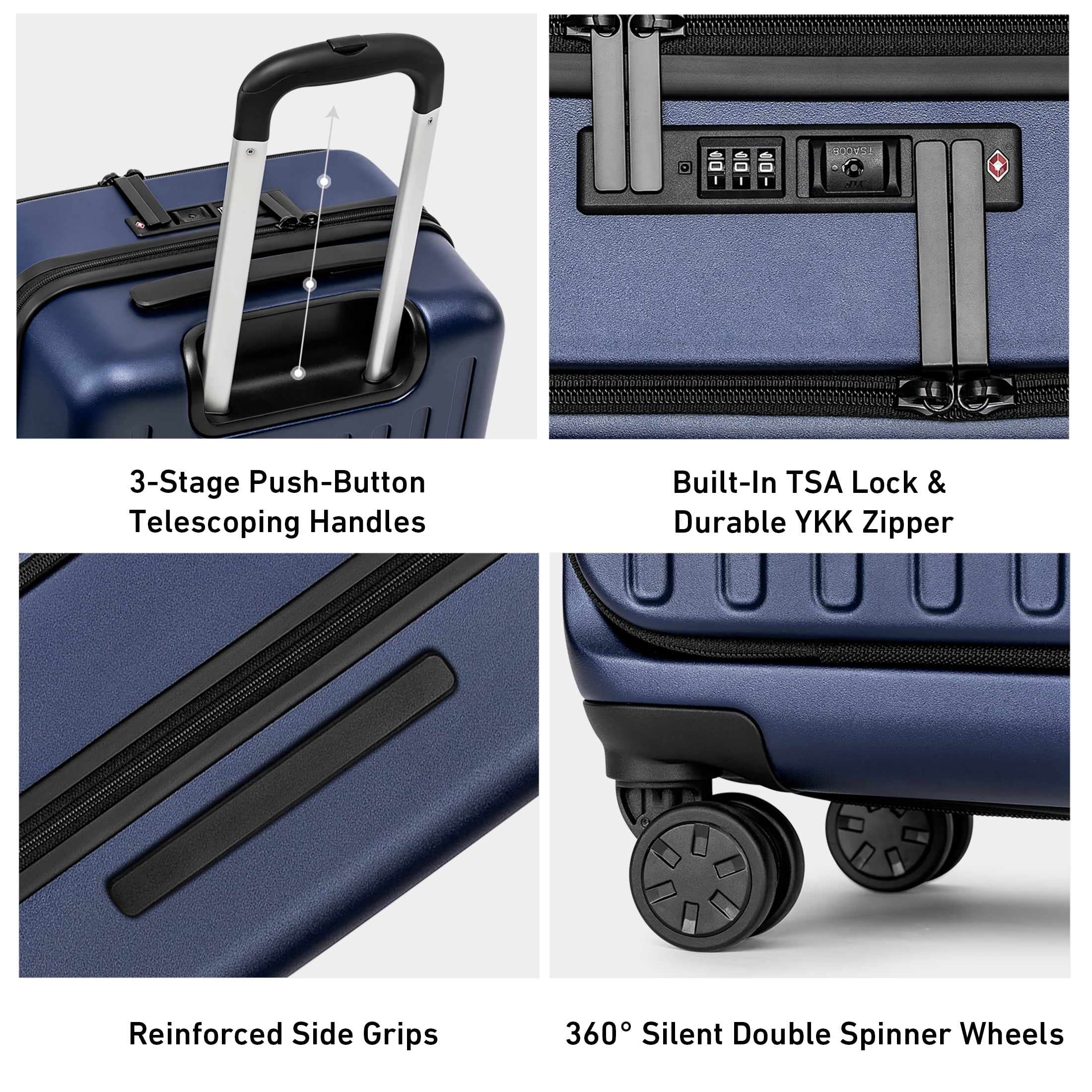 3 Piece Luggage Sets,Front Open Hard Shell 100% PC Suitcase With Double Spinner Wheels & TSA Lock