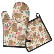 Pomeranian Dogs and Flowers Kitchen Oven Mitt and Pot Holder Sets 2 Pcs for Baking, Cooking and Grilling, Heat Resistant Up To 392 °F