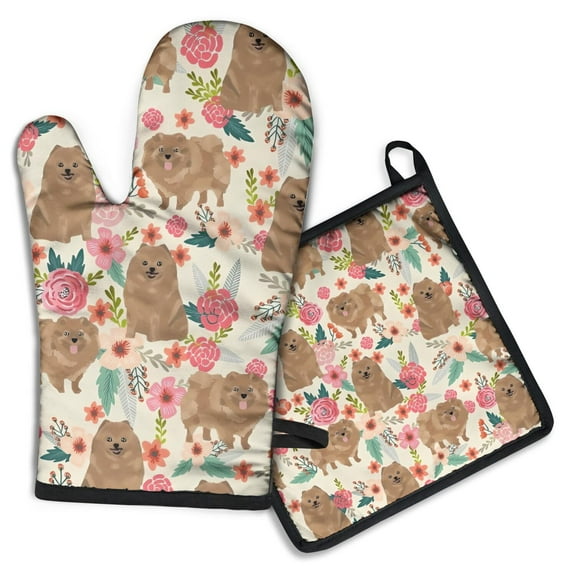Pomeranian Dogs and Flowers Kitchen Oven Mitt and Pot Holder Sets 2 Pcs for Baking, Cooking and Grilling, Heat Resistant Up To 392 °F