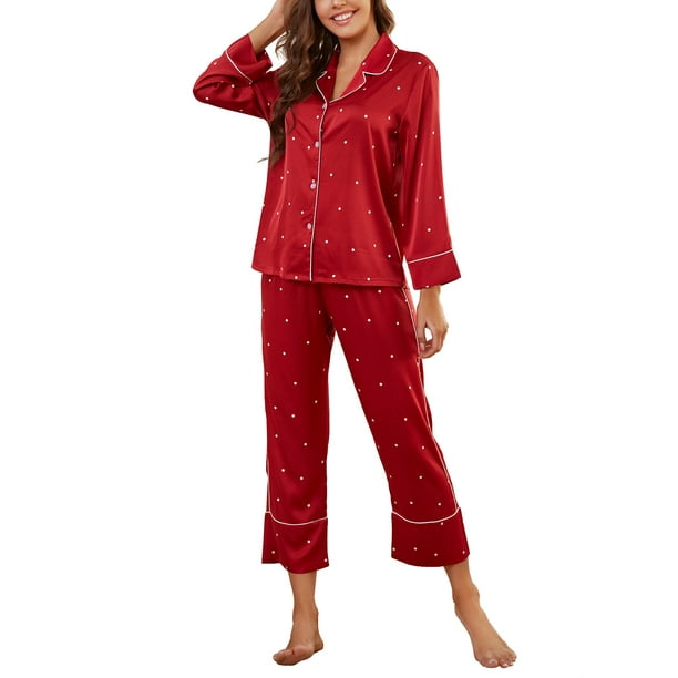 Womens Silk Satin Pajama Set Long Sleeve Notch Collar Loungewear Two Piece Sleepwear Button Down ...