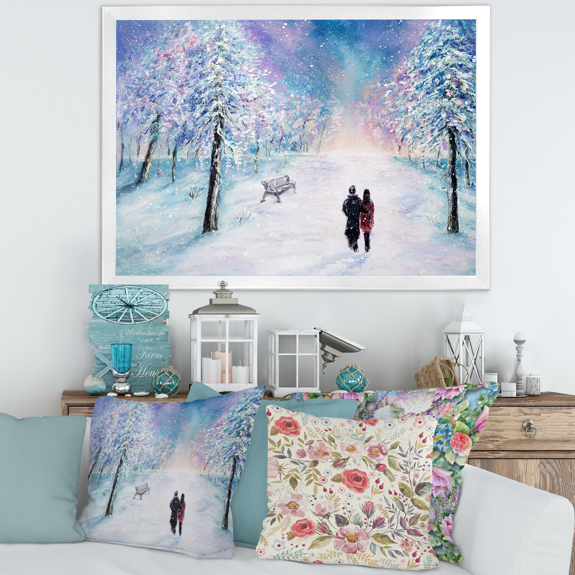 Couple In Love Walks During Snowy Winter Times 20 in x 12 in Framed Painting Canvas Art Print, by Designart