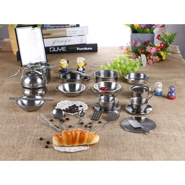 Juego De Cocina DeAO Para Niños – Set De Chef Con 3 Ollas De Acero Inoxidable, 5 Alimentos Para Cortar Con Sonido Crujiente Y 4 Utensilios – Juguete De Rol A Partir De 3 Años