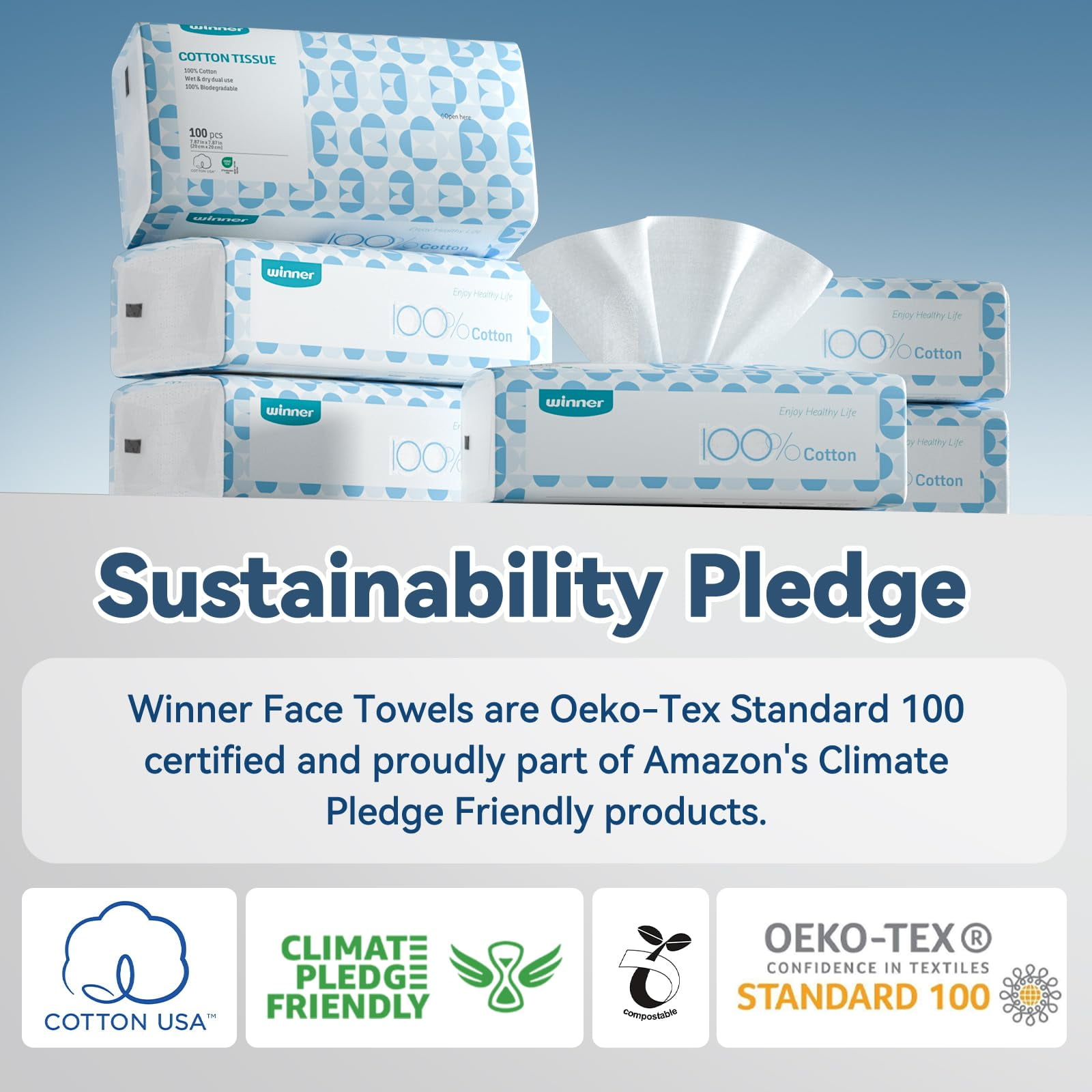Winner Face Towels, 100% USA Cotton Facial Towel , Makeup Remover Wipes, Dry/Wet Use, Face Towelettes Disposable, Unscented Cotton Tissues for Sensitive Skin, Facial Cleansing, Nursing, , 7.87" x 7.8
