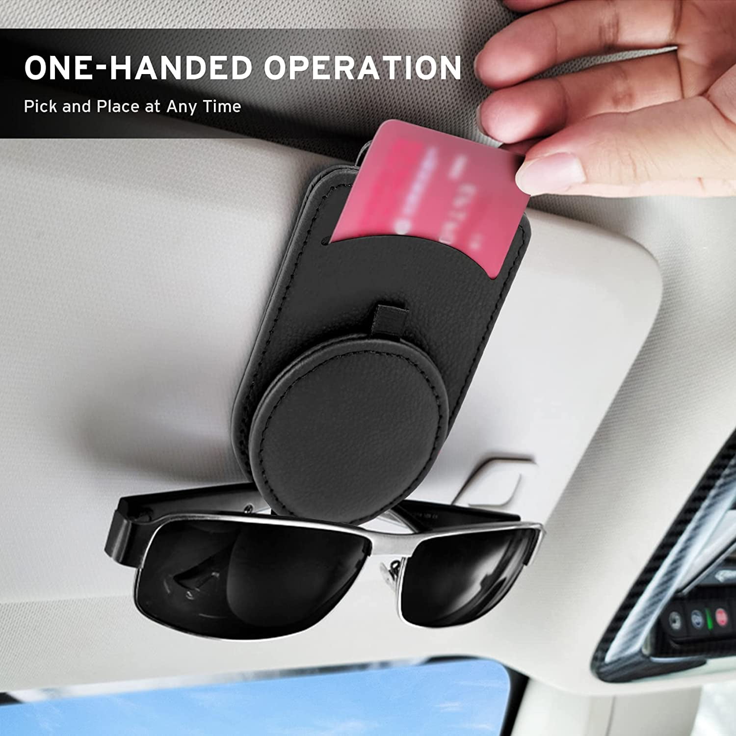 Sunglass Holder For Car, Magnetic Leather Sunglasses Holder And Ticket Card Clip, Car Visor Accessories, 2 Packs (Black