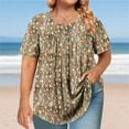 thumbnail image 2 of Plus Size Tops for Women Flowy Pleated Short Sleeve Crew Neck Button up Shirt Loose Floral Printed Blouses (XXXXXL, Army Green), 2 of 6