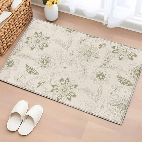 Green Spring Flowers Bathroom Rug Washable 2x3 Entryway Rug Non Slip Vintage Leaves Country Rustic Front Door Mat Low Pile Indoor Doormat Throw Floor Carpet for Kitchen Bedroom Entrance