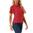 thumbnail image 4 of INSPIRE CHIC Women's Polka Dots Stand Collar Pleat Keyhole Back Short Flare Sleeve Top L Red, 4 of 6