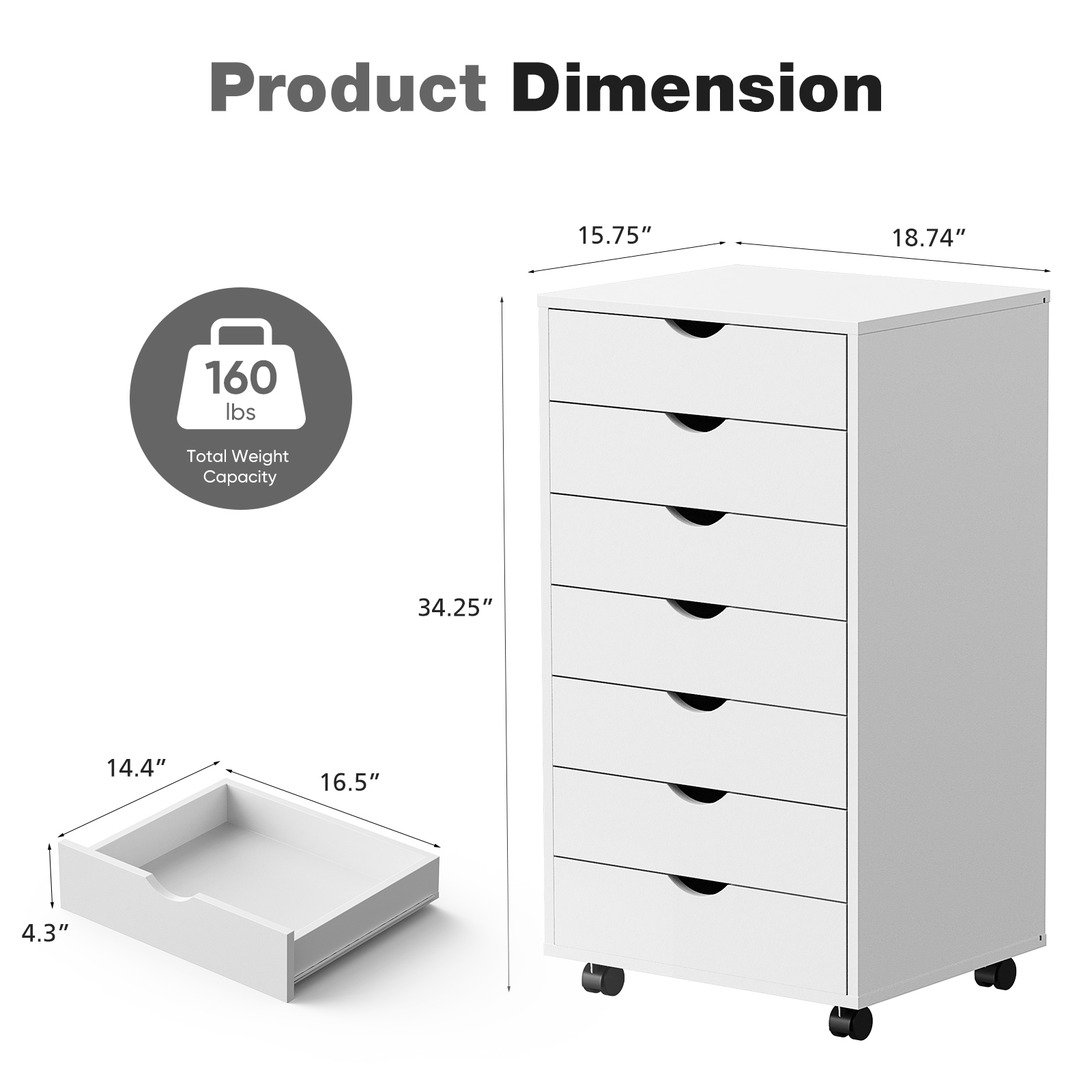 MCQ 7-Drawer Mobile File Cabinet Wooden Storage Chest with Wheels for Home Office Organize, Black