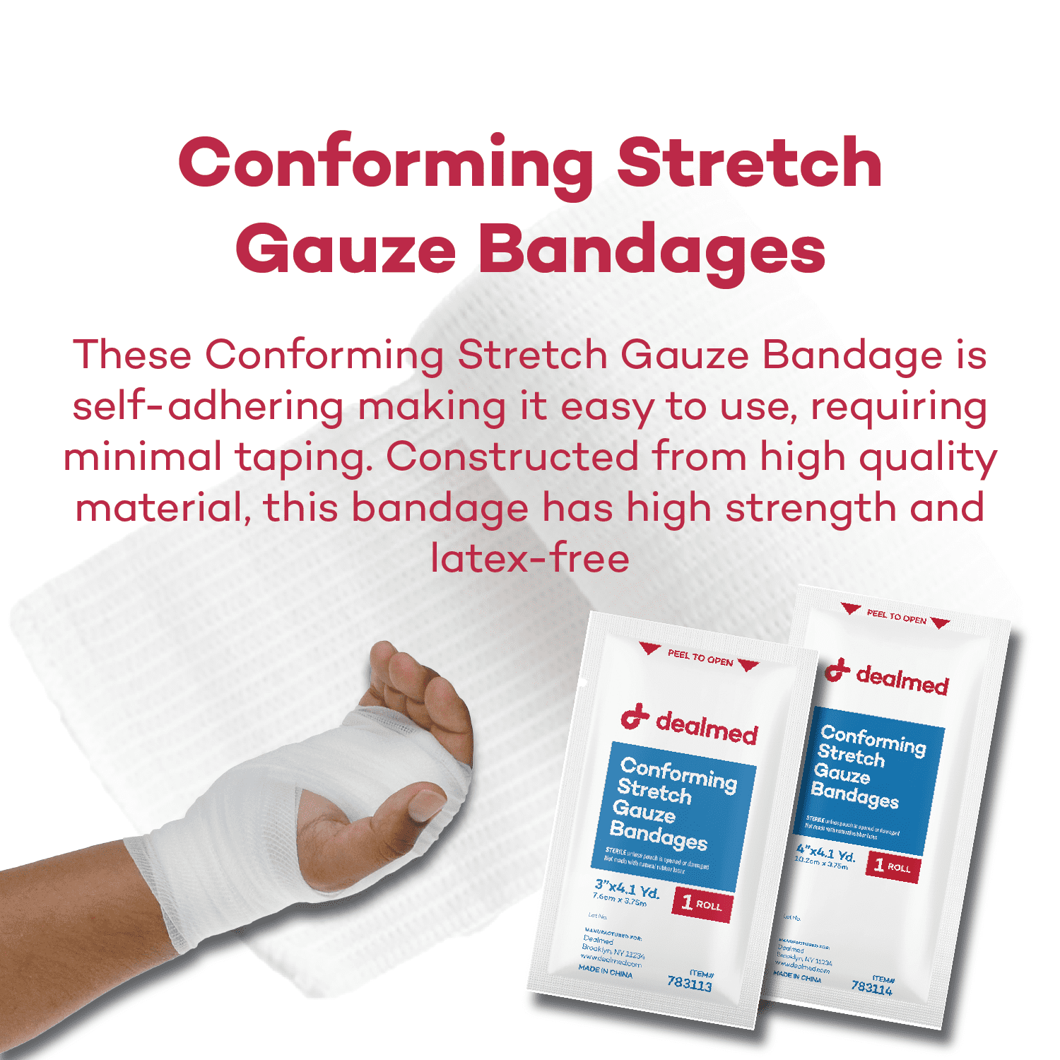Dealmed 2" Sterile Conforming Stretch Gauze Bandages, 4.1 Yards Stretched Gauze Rolls, Wound Care Product, Case of 96