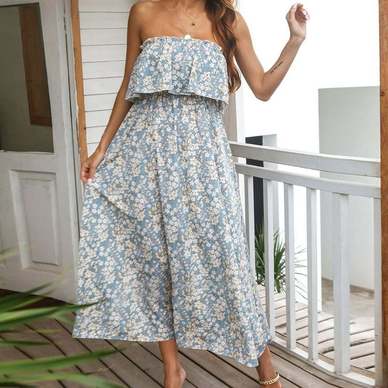 Womens Bandeau Dresses Elegant Print Casual Loose Sleeveless Maxi