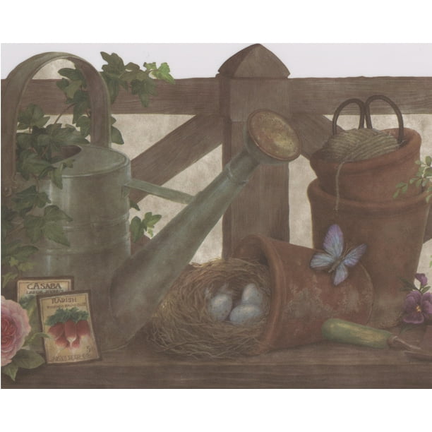 Arrosage Peut Argile Pots Fleurs Plantes Ferme Papier Peint Frontière Retro Conception, Rouleau 15' x 10''