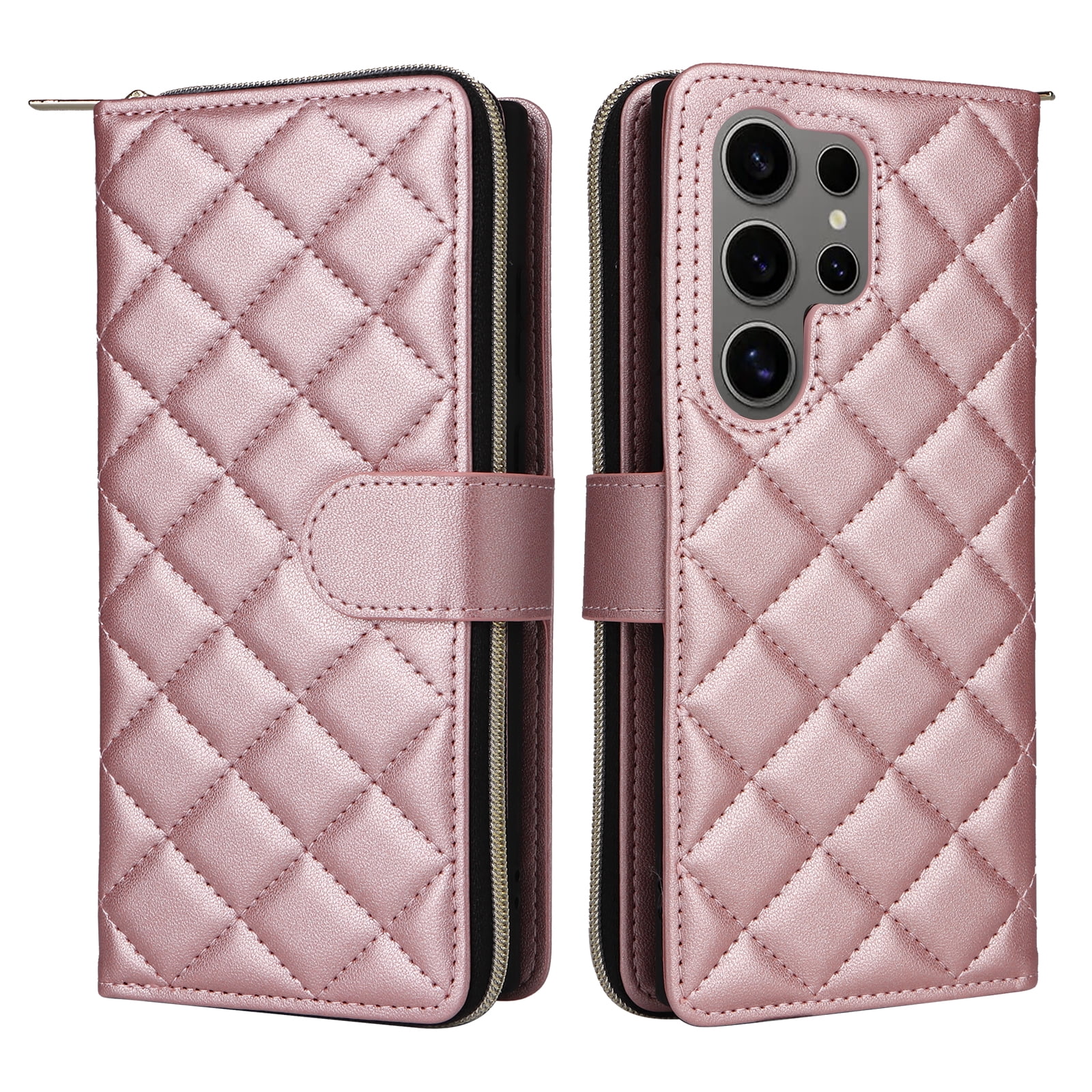 for Samsung Galaxy S24 Ultra Wallet Case, Multi-Functional Zipper Purse Case, with Flip Stand Card Holder PU Leather Phone Cover with Lanyard & Wrist Strap for Samsung Galaxy S24 Ultra, Rosegold