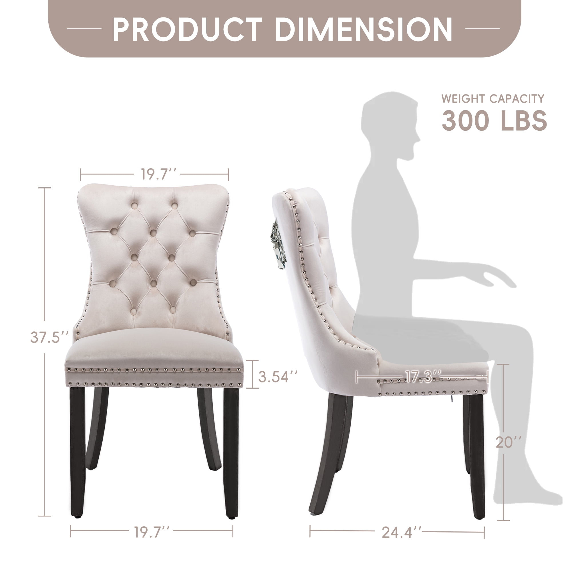 DONICK Velvet Upholstered Dining Chair Set of 2,Modern Tufted Kitchen Chairs Nailhead Lion Pull Ring Black Wood Legs(Beige)