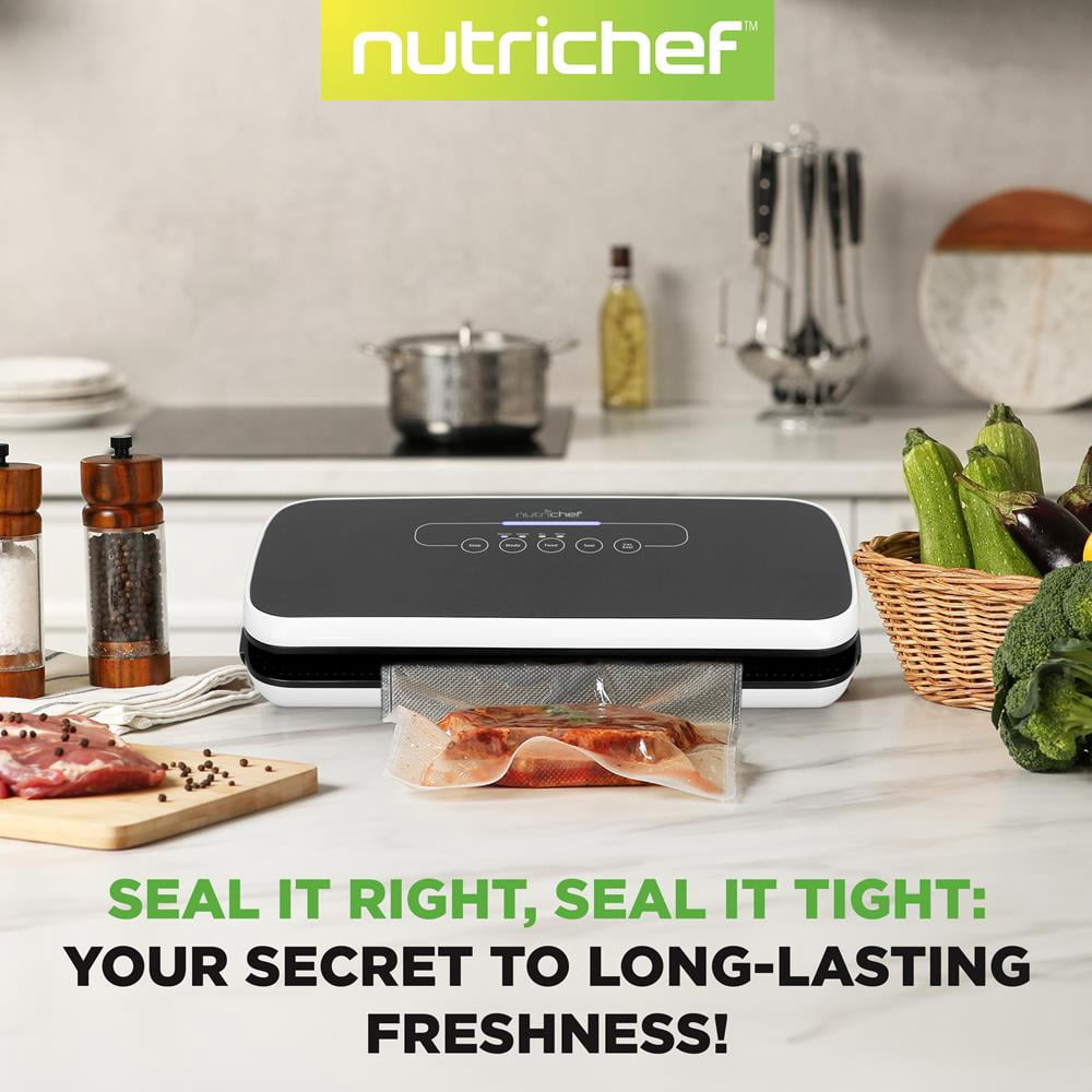 NutriChef Automatic Food Vacuum Sealer, Electric Air Sealing System for Dry & Moist Foods, LED Controls, Strong Suction, Includes Bags, Wine Stopper & Hose