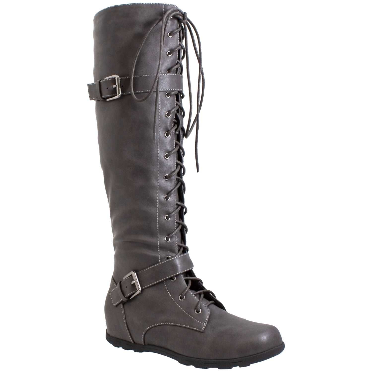 Knee High Flat Boots Gray Leather 