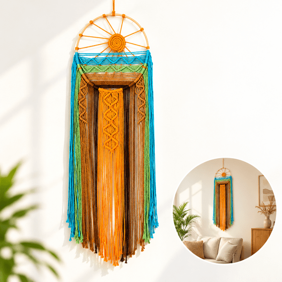 Dream Catchers Macrame Wall Hanging, Large Boho Wall Art Sunset Dreamcatcher, Hand‑Woven Boho Wall Decor Colorful Sun Tapestry for Bedroom Nursery Living Room
