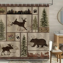 Rustic Cabin Shower Curtain Bear Deer Forest Woodland Farmhouse Brown Bath Curtain 72 x 72 Inch Polyester Fabric Waterproof Bathroom Curtain with 12 Hooks