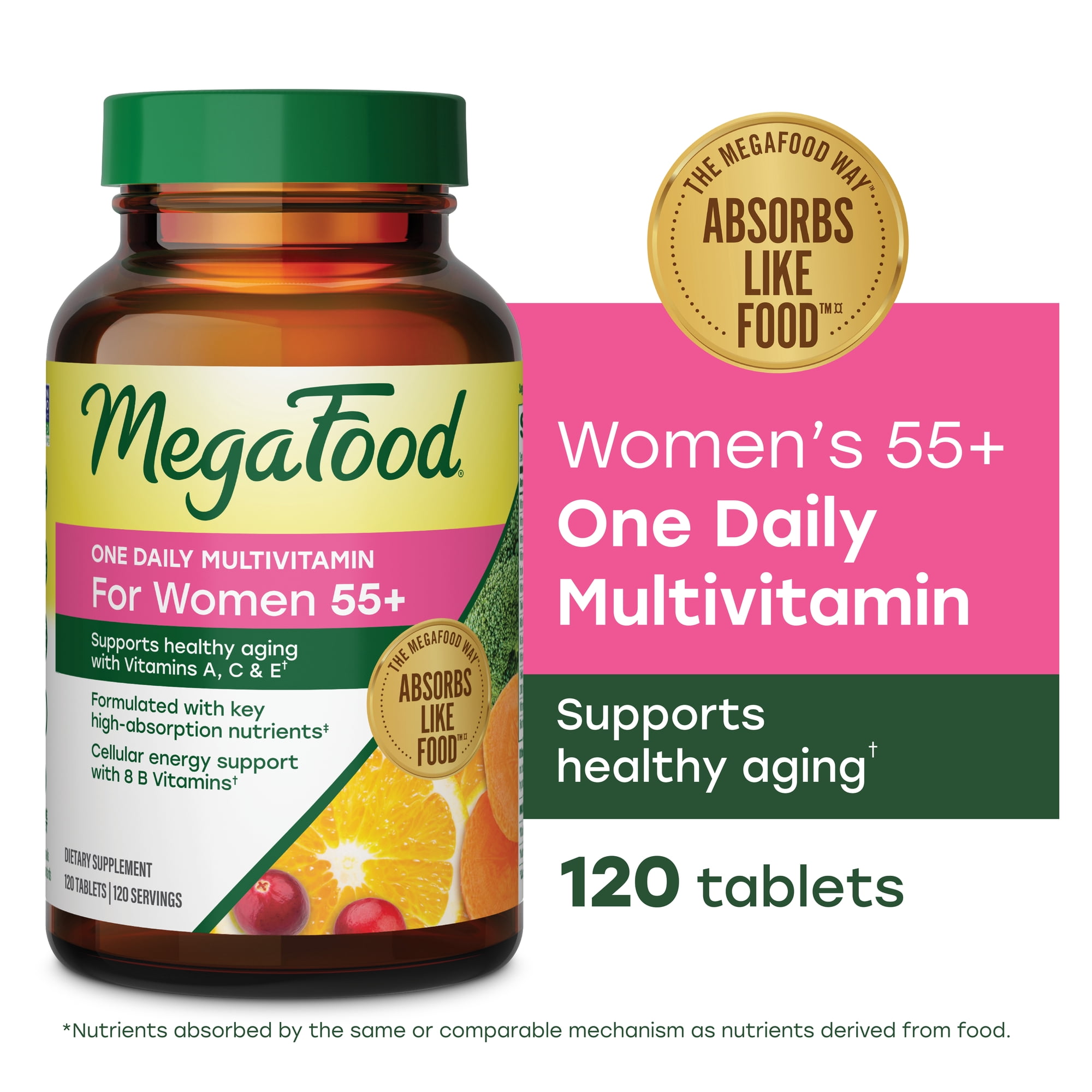 MegaFood Women's 55+ Multivitamin - Vitamins A, C, D3 & E - Aging Support - 120 Servings