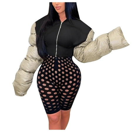 

Y2K Womens Winter Cropped Jacket Long Sleeve Puffer Down Coats Slim Fit Full Zipper Patchwork Padded Outerwear