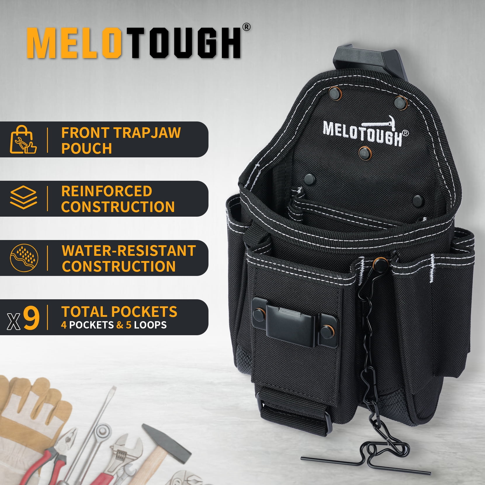 MELOTOUGH Small Electrician Tool Pouch With Belt Clip Attachment - 9 Pockets Tradesman Bag With Tape Thong - Holster for Electricians