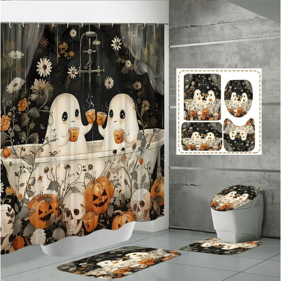 Ghost Gothic Funny Shower Curtain 59Wx70.8L Inch Horror Spooky Scary Flower Holiday Bathroom Set Accessories Decor with 12 Pack Hooks