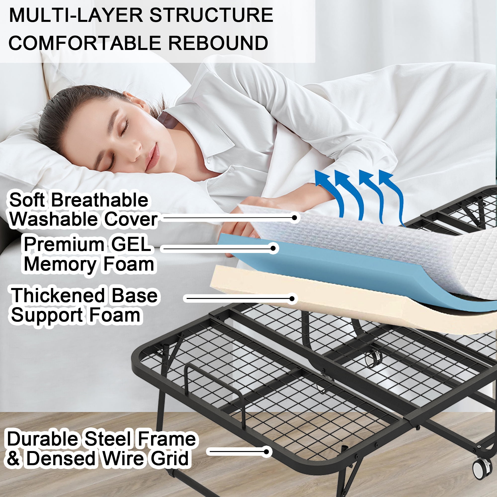 Folding Bed with Mattress 75" x 31" Cot Size Need Assembly Rollaway Guest Bed Portable Foldable Extra Bed for Adults Daybed with 5" Memory Foam Mattress Space-Saving Sturdy Metal Grid Frame