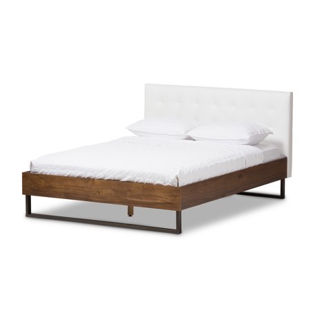 White Wood Queen Bed - Mitchell Walnut Wood and White Faux Leather Queen Size Platform Bed