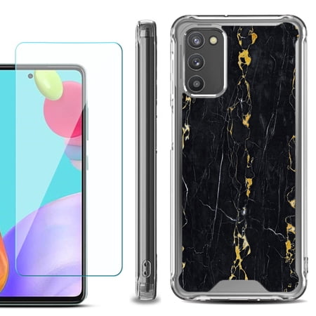 Shockproof Bumper Phone Case for Samsung Galaxy A03s with Tempered Glass Screen Protector by OneToughShield ® - Marble / Gold/Black