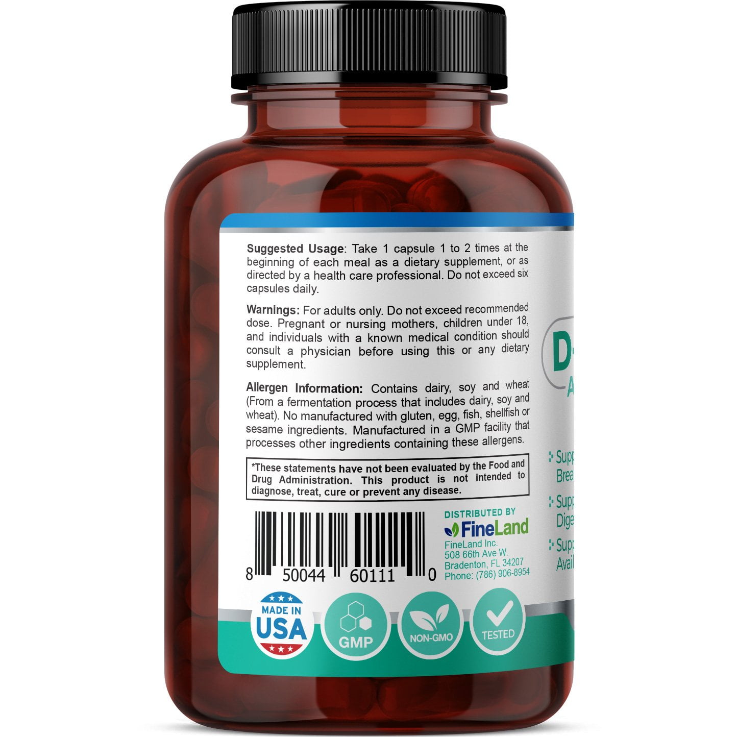 Fineland Vitamins D-ENZYMES Digestive Enzymes for Bloating, Gas, Indigestion, Vegan, Gluten-Free, 60 Count