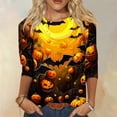thumbnail image 2 of Camiseta gráfica de Halloween para mujer: camiseta informal de manga 3/4 con estampado de girasol y calabaza, 2 of 5